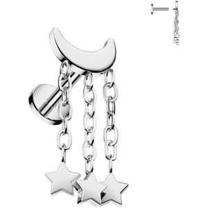 Intern Geschroefde Titanium Labret met Halve Maan Top en Drie Hangende Sterretjes - Zilver - 6 mm