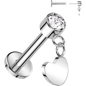 Titanium Threadless Labret met Bezel Kristal en Harten hangertje - Zilver - 1 mm - Helder