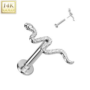 14kt. Gouden Threadless Labret met Slang Figuur Topje - Wit Goud - 1.2 mm