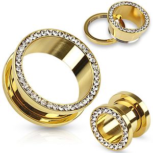 Vergulde screw fit tunnel met kristallen ring - 10 mm