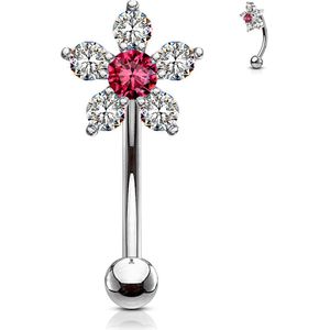Gebogen barbell met kristallen bloemetje als top – Zilver – Roze