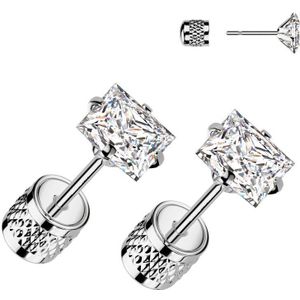 Oorbel Studs met Prong Set Vierkant Steentje en Klik Cilinder Achterkant - Zilver - 7 mm