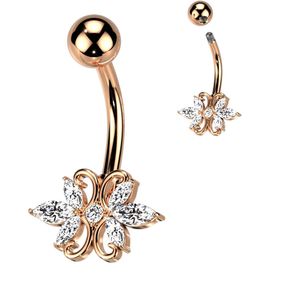 Navelpiercing met markies geslepen stenen in filigraan figuur - Rose Goud