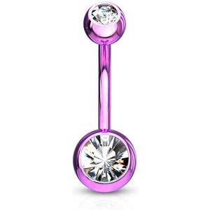Titanium plated paarse navelpiercing met twee heldere diamantjes - 10 mm