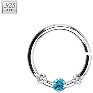 Piercing ring met 1 gekleurde en 2 heldere prong set kristallen – Aqua