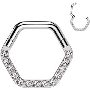 Hexagon Segment Ring met naar voren gerichte Kristalletjes - Zilver