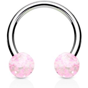 Circular barbell met glitter balletjes - roze