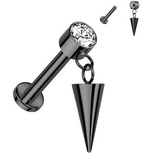 Interne Titanium Labret met ronde Bezel top en Spike hangertje - Zwart - 6 mm