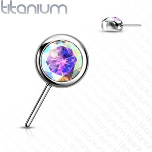 Front-facing Massief Titanium Threadless Top met Gekleurd Steentje - Zilver - Aurora Borealis - 6 mm