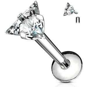 Gekleurde labret met gekleurde driehoekig helder kristal - 8 mm - zilver