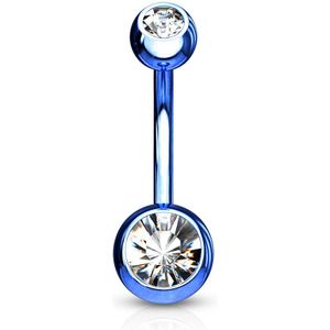 Titanium plated blauwe navelpiercing met twee heldere diamantjes - 10 mm