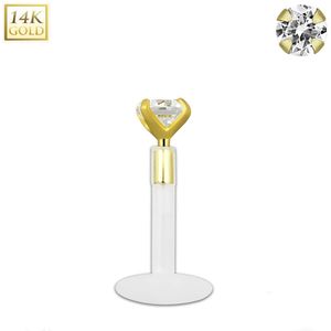 Bioflex labret met 14Kt. gouden top en gekleurd kristal - 8 mm - Helder