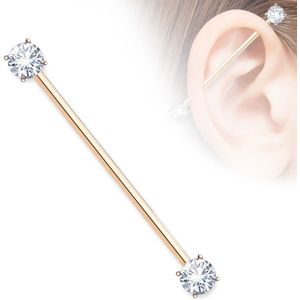 Gekleurde industrial barbell met heldere prong set kristallen - rosé goud