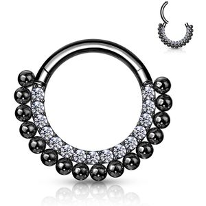 Segment Ring met scharnier en een rij kristallen en balletjes - 10 mm - Black