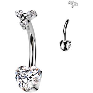 Intern Geschroefde Titanium Navelpiercing met Drietal Steentjes en Balletjescenter en Harten Steen - Zilver