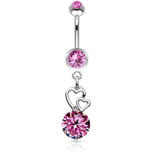 Navelpiercing met hangende hartjes en roze diamant