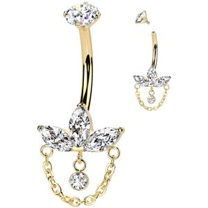 Intern Geschroefde Titanium Navelpiercing met Blaadjes van Markies Geslepen Stenen en Kettinkje - Goud