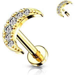 Intern geschroefde labret met kristallen belegde maan top - 8 mm - Goud