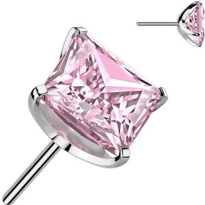 Threadless Titanium Top met Vierkant Steentje - Zilver - 3 mm - Roze