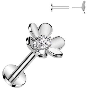 Threadless Labret met Bloemetje en Gecentreerd Steentje - Zilver - 1.0 mm
