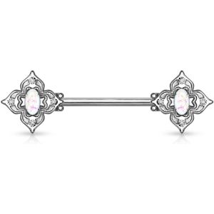 Tepelpiercing met fillegraan en ovale gekleurde opaal steen – Wit