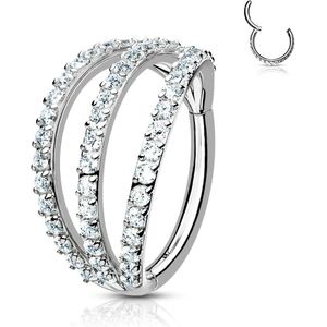 Piercing ring met vast segment en 3 lagen kristallen – 8 mm – Zilver