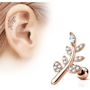 Rosé gouden helix piercing met takje en heldere diamantjes