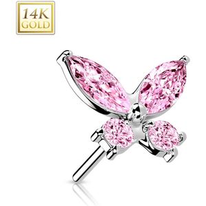 14kt. Gouden Threadless Vlidner Top met Gekleurde Steentjes - Wit Goud - Roze