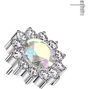 Threadless Titanium Bloemen Top met Groot Gecentreerd Steentje in Verschillende Kleuren - Zilver - Aurora Borealis