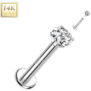 Intern Geschroefde 14kt. Gouden Labret met Heldere Prong Set Steen Top - Wit Goud - 8 mm