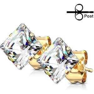 Paar gouden oor studs met helder vierkanten kristal – 7 mm