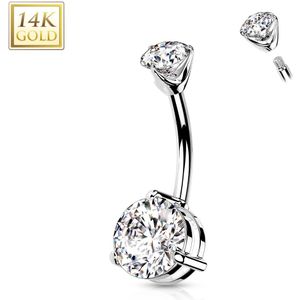 Massief Gouden Navelpiercing met Dubbel Steentje - Wit Goud - Helder