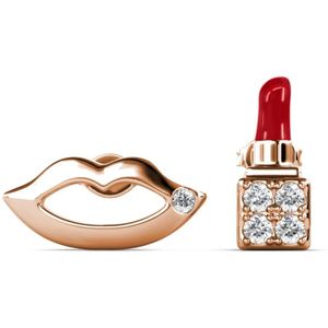 Zilveren Lip en Lippenstift Oorbellen met Swarovski kristallen - Rose Goud
