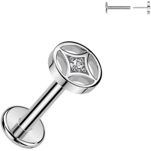 Threadless Labret met Ronde Top en Vierpuntige Ster met Steentje  - Zilver - 1.0 mm