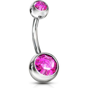 Navelpiercing met steentje in elk balletje - 10 mm - 4 & 6 mm - Fuchsia