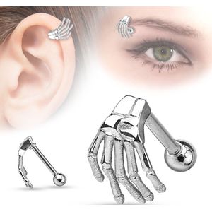 Helix / wenkbrauw piercing met handje van skelet - zilver