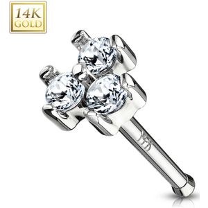 14K. gouden neus bone met drie gekleurde kristallen – wit goud - helder