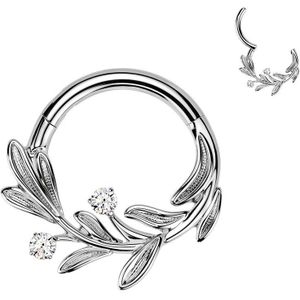 Titanium Olijf Blad Segment Ring met Kleine Ronde Steentjes - Zilver - 8 mm