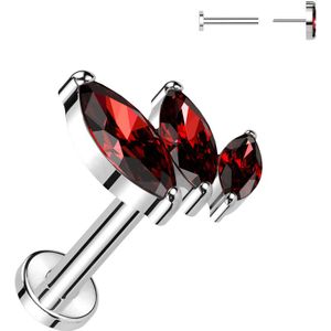 Threadless Titanium Labret met Drie Aflopende Markies Geslepen Kristalletjes - Zilver - 1.0 mm - Rood