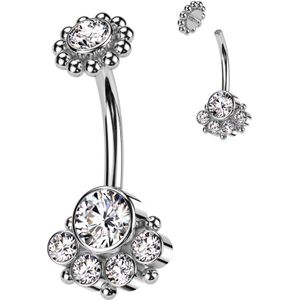Interne Navelpiercing met Sierlijk vormgegeven Kristallen en Kralen - Zilver - Helder