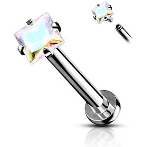 Intern geschroefde Labret met ruitvormig steentje - Zilver - 8 mm - Aurora Borealis