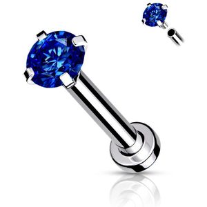 Intern geschroefde labret met prong set kristal - 1.2 mm - 8 mm - 3 mm - Blauw