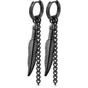 Hoop Oorbellen met Veer and hangend kettinkje - Black