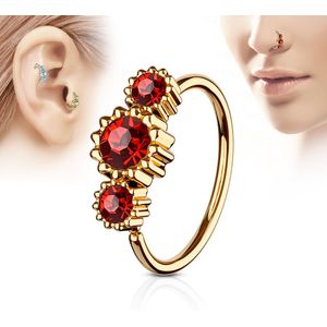 Rosé gouden piercing ring met drie rode ronde diamantjes