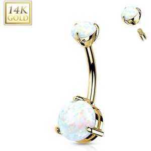 Massief Gouden Navelpiercing met Dubbel Steentje - Geel Goud - Opaal Wit
