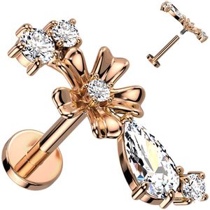 Intern Geschroefde Labret met Luxueuze Bloem top van Kristallen - Rose Goud - 8 mm