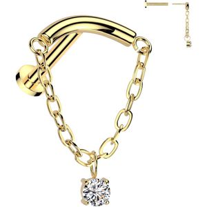 Threadless Titanium Labret met Gebogen Staafje en Gekoppelde Ketting met Hangend Steentje - Goud - 1.2 mm