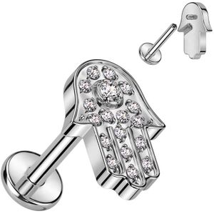 Interne Titanium Labret met Kristallen Hamsa Hand - Zilver - 6 mm