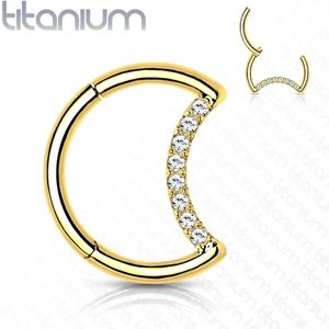 Titanium halve maan piercing ring met vast segment en kristallen – Goud