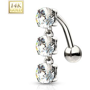 14Kt. gouden omgekeerde navelpiercing met drie kristallen aan gouden ketting – Wit Goud